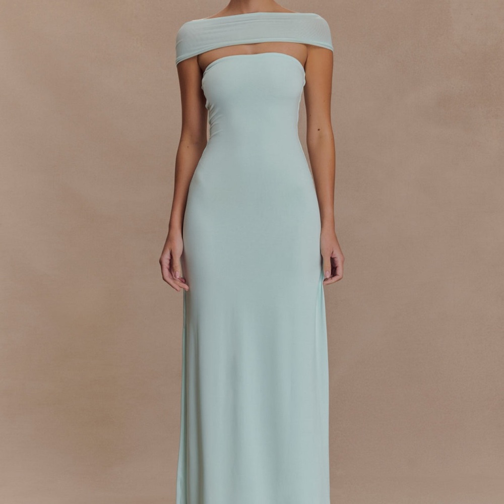 Aurora Slinky And Mesh Split Maxi Dress- Lagoon